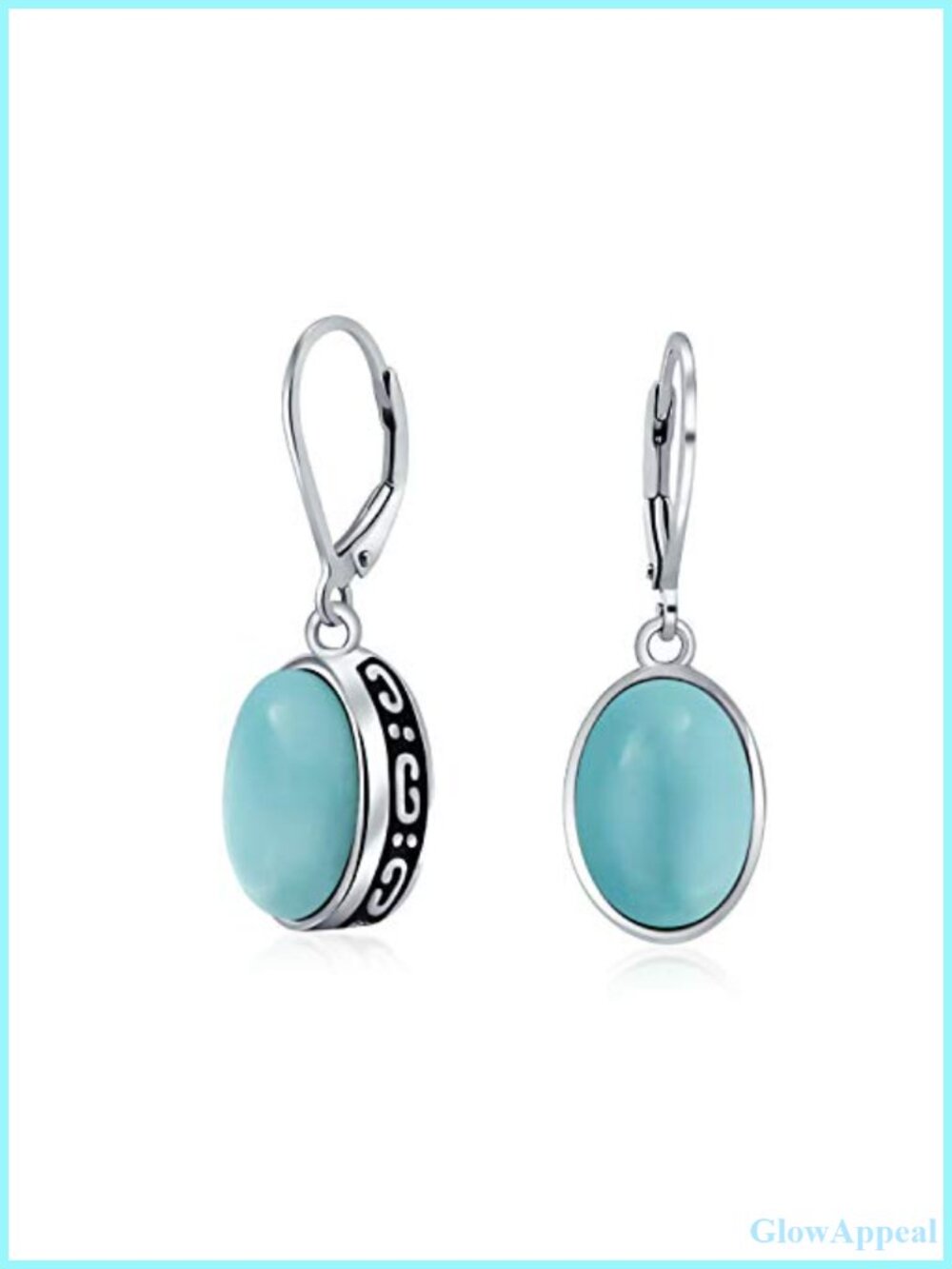 Sterling Silver Larimar Drop Dangle Earrings Bezel Set Scroll Edge